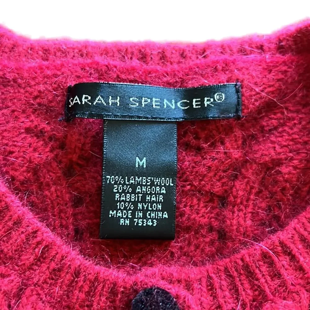 Sarah Spencer M Red Knit Cardigan Sweater with Black Velvet Ribbon and Buttons